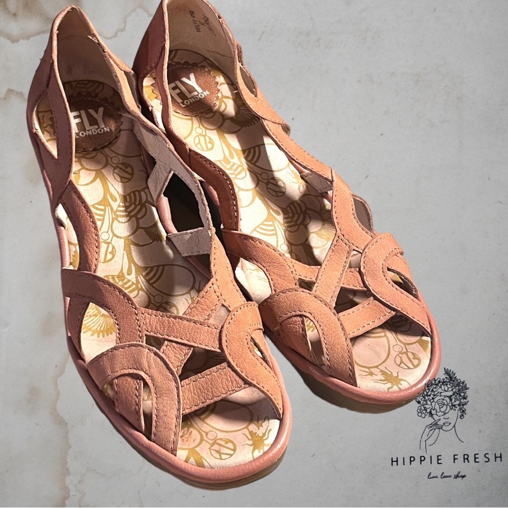 Fly London Yadi Taupe Leather Slip on Peep-toe Wedge Sandals 39